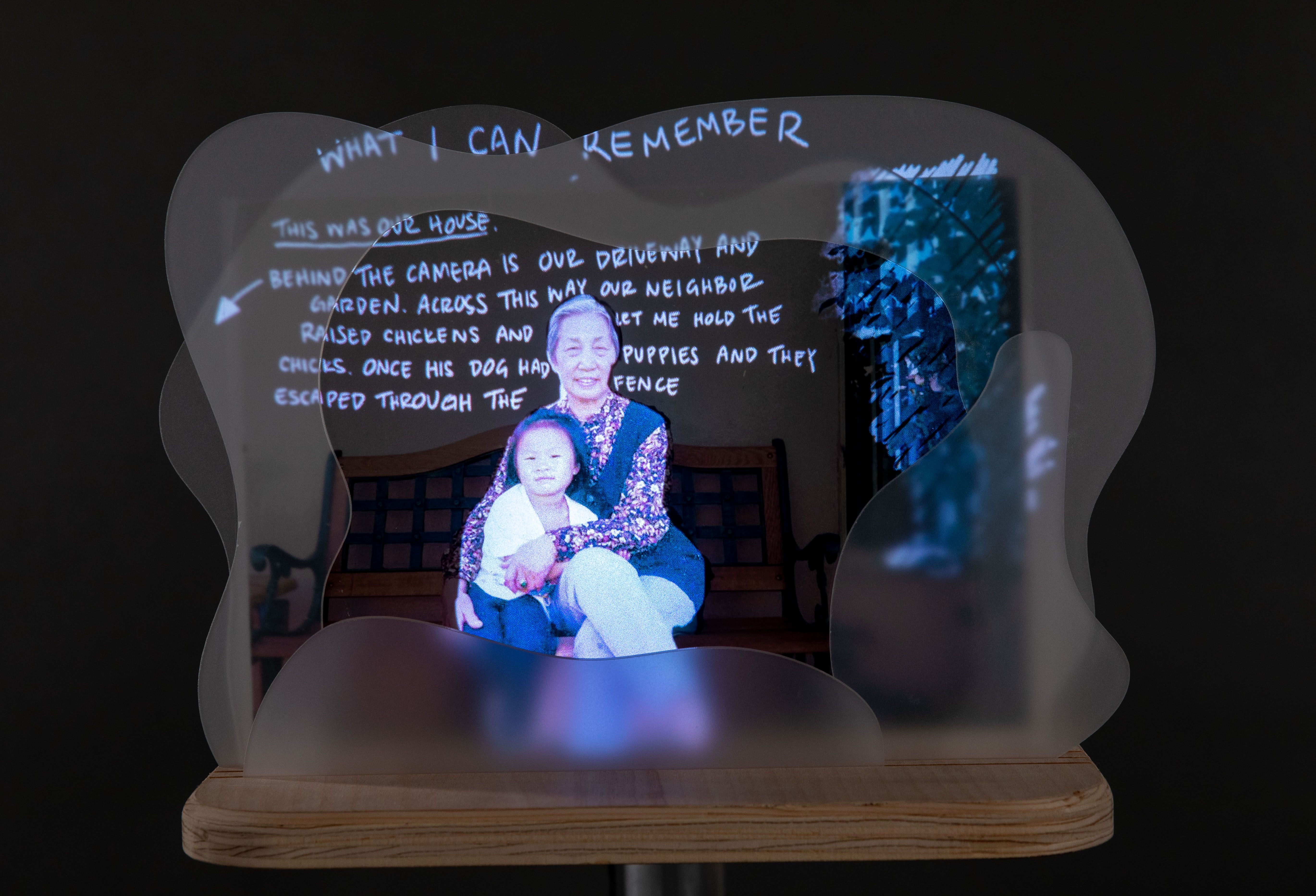 Image of a translucent photograph of grandmother and child on organic acrylic shapes