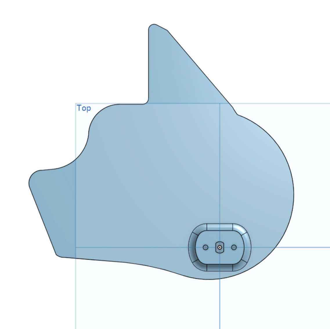 CAD of cat's head silhouette facing left, with mount facing the viewer