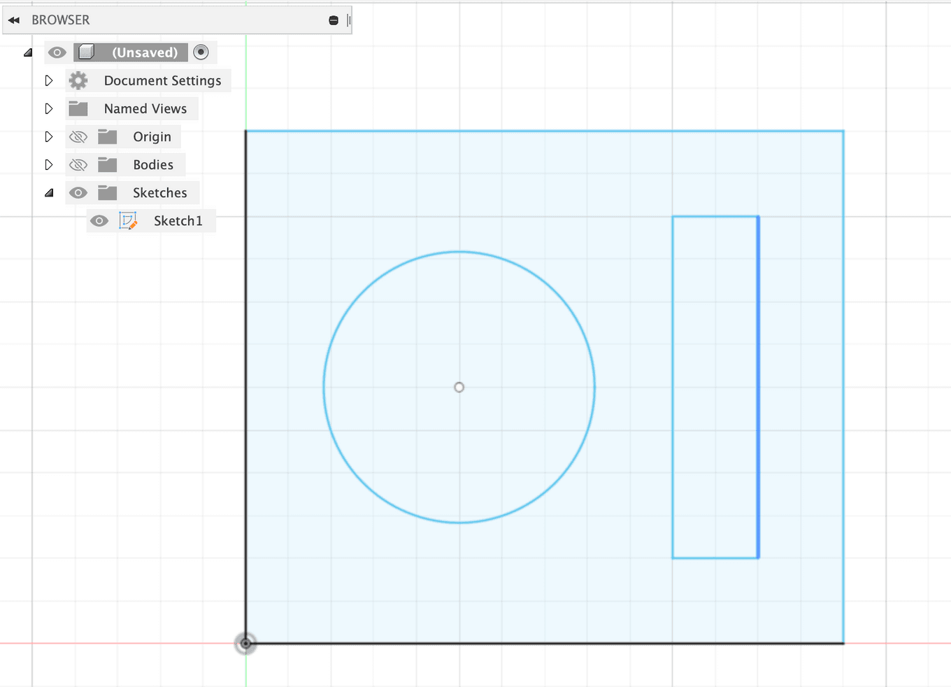 Fusion360 sketch; a rectangle with circle and smaller rectangle inside.