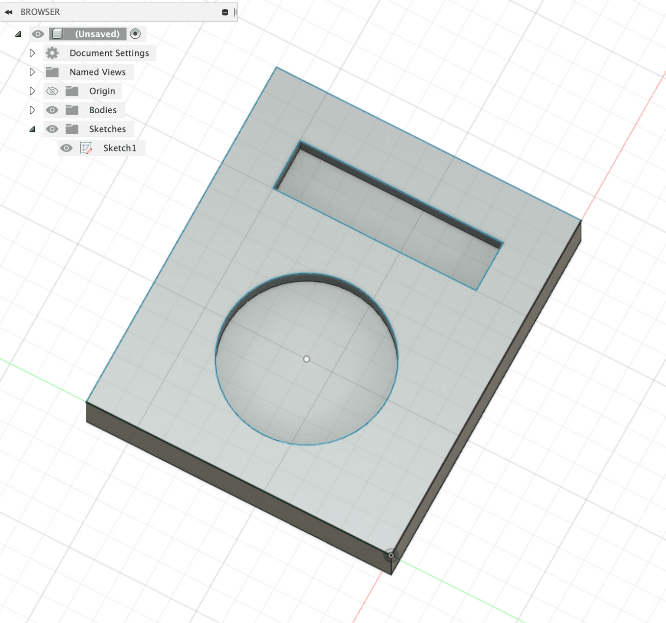 View of a CAD model in Fusion360, a rectangular box with engraved circle and rectangle
